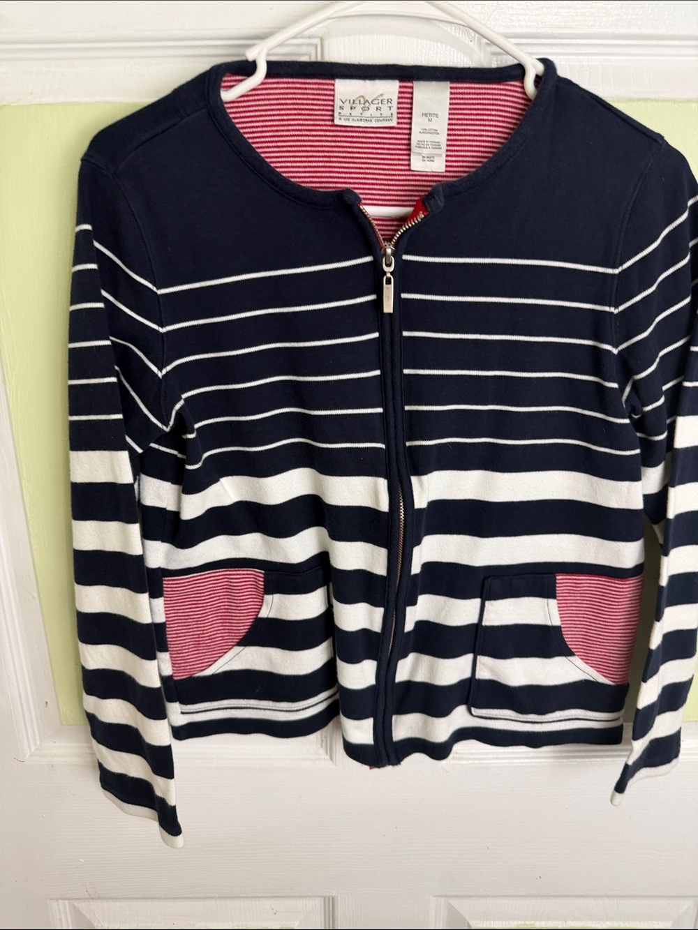 (2331) Villager Sport Navy & White Striped Zip Cardigan with Red Pocket Trim PM